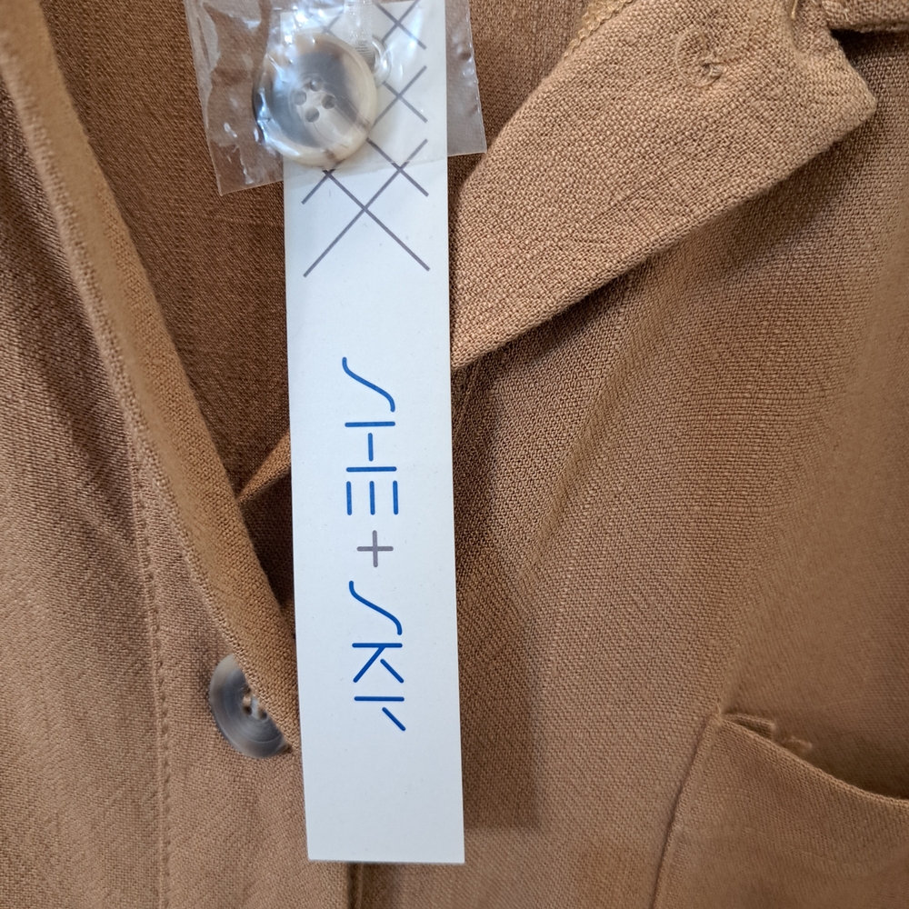 NWT SZ L She + Sky Tan Linen Blend Button-Up Blouse - Picture 4 of 9
